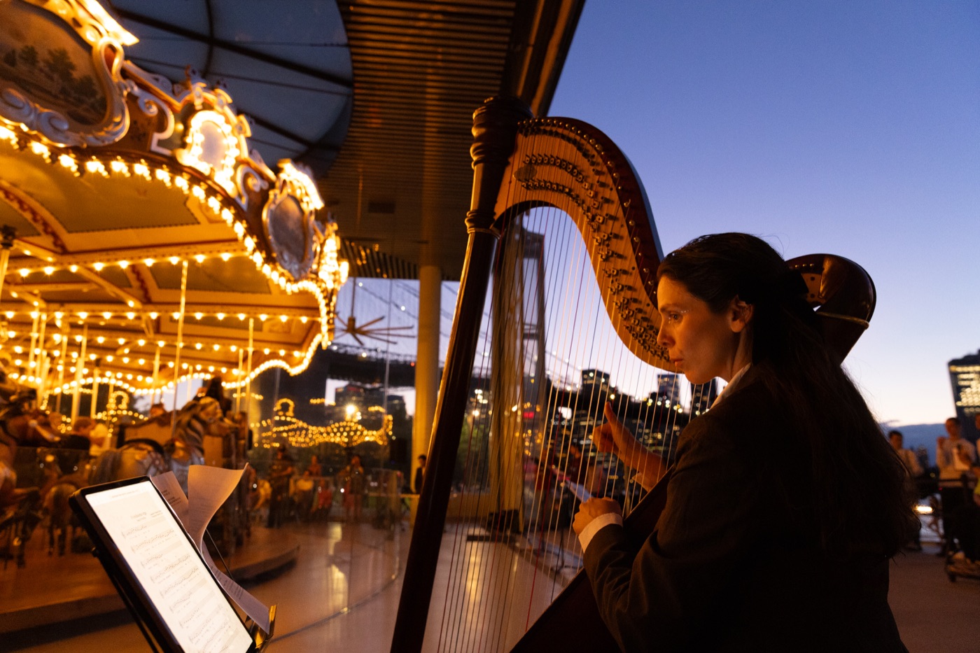 Esther Sibiude harp performance at Jane's Carousel Brooklyn - Organ Grinder 2025
